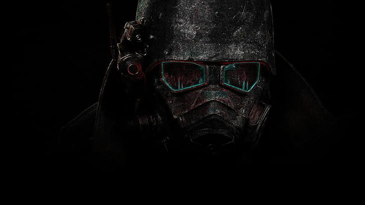 Fallout Black Helmet Dark HD, man wearing gas mask and glasses illustration, HD wallpaper