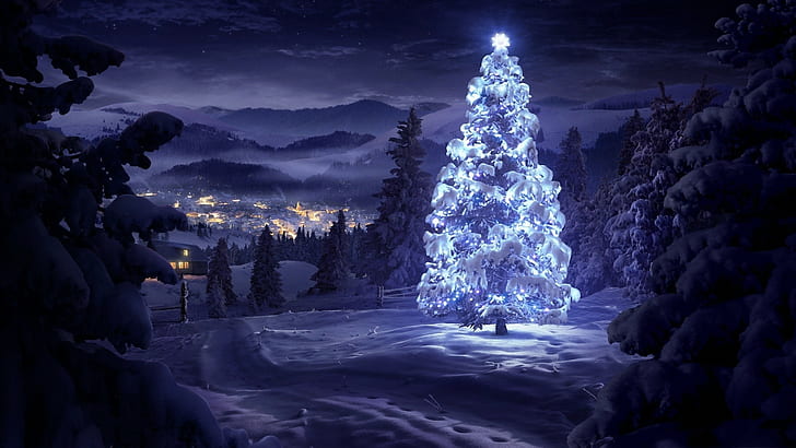 Christmas, mountains, trees, landscape, snow, pine trees, night, HD wallpaper