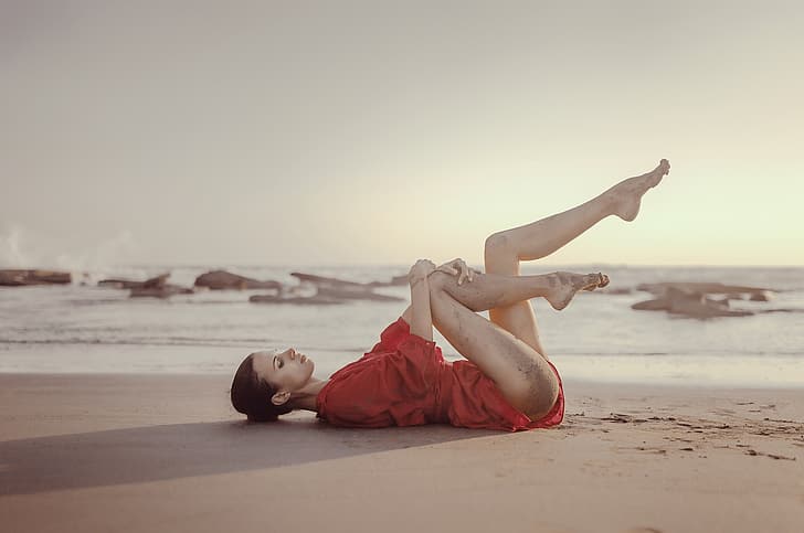 Andrew Gorelikov, model, women, brunette, legs, feet, barefoot, HD wallpaper