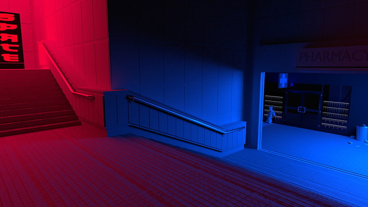 black and white wooden bed frame, red, blue, stairs, vaporwave, HD wallpaper