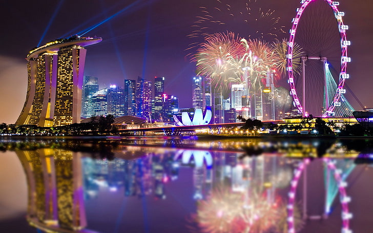 London Golden eye, Singapore, architecture, fireworks, lights, HD wallpaper