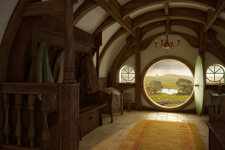 brown wooden house, interior, Nora, the door, the Lord of the rings