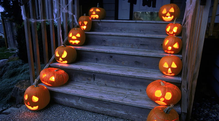 halloween, holiday, pumpkin, stairs, porch, jack o lantern decors, HD wallpaper