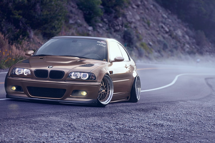 gold metallic BMW sedan, car, mist, road, BMW M3 E46, vehicle, HD wallpaper