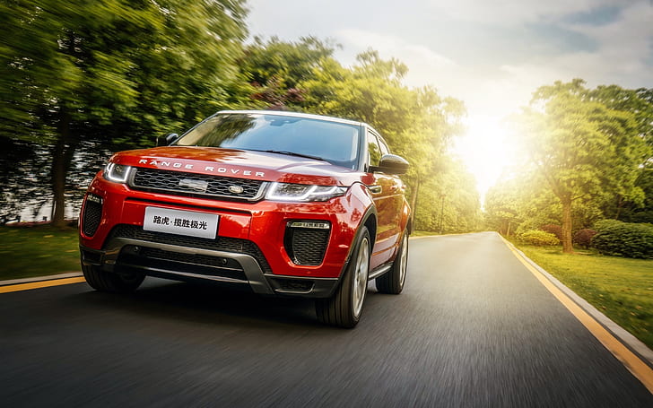Land Rover Range Rover red SUV car speed, road, sun rays