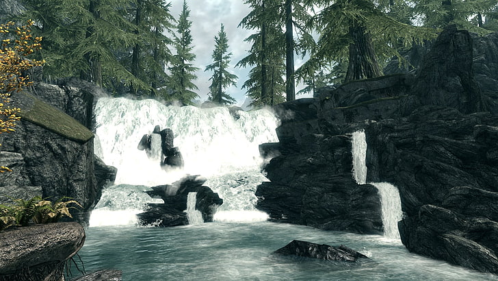 waterfalls and trees, The Elder Scrolls V: Skyrim, rock, motion