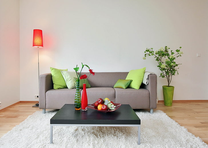 gray 3-seat sofa, flowers, fruit, table, carpet, domestic Room