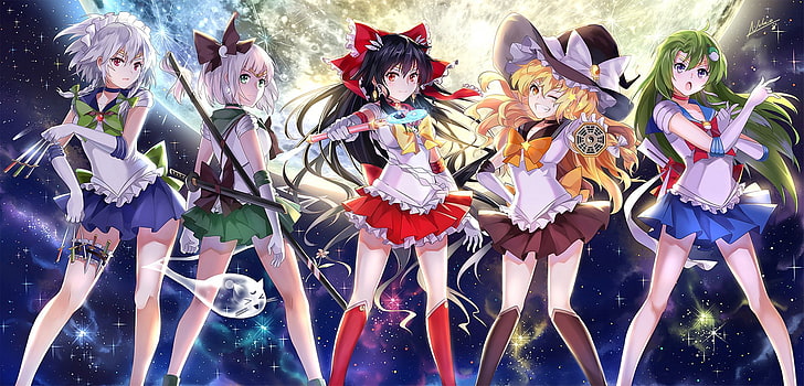 Anime, Crossover, Marisa Kirisame, Reimu Hakurei, Sailor Moon