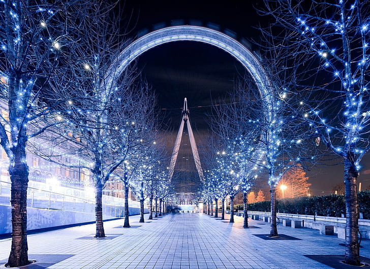 path, London Eye, sky, christmas lights, trees, city