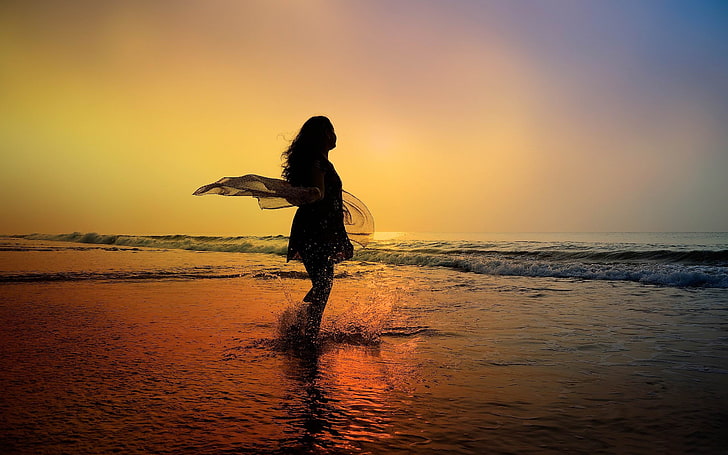 sunset beach girl-2014 High quality HD Wallpaper, silhouette of woman, HD wallpaper