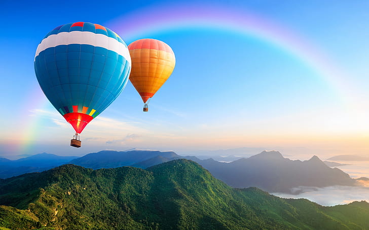 HD wallpaper: Hot air balloon, rainbow, hills | Wallpaper Flare