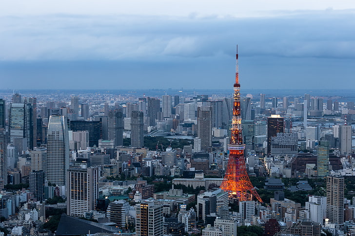 red Eiffel tower, minato, tokyo, skyscrapers, buildings, cityscape, HD wallpaper