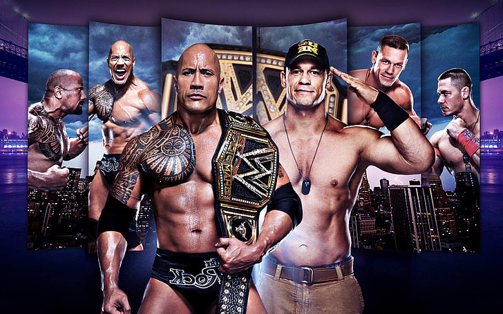 The Rock and John Cena, Dwayne Johnson, WWE, young men, group of people, HD wallpaper