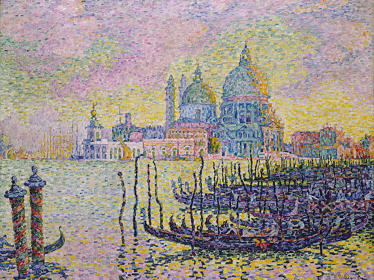 boat, picture, Cathedral, gondola, Paul Signac, pointillism