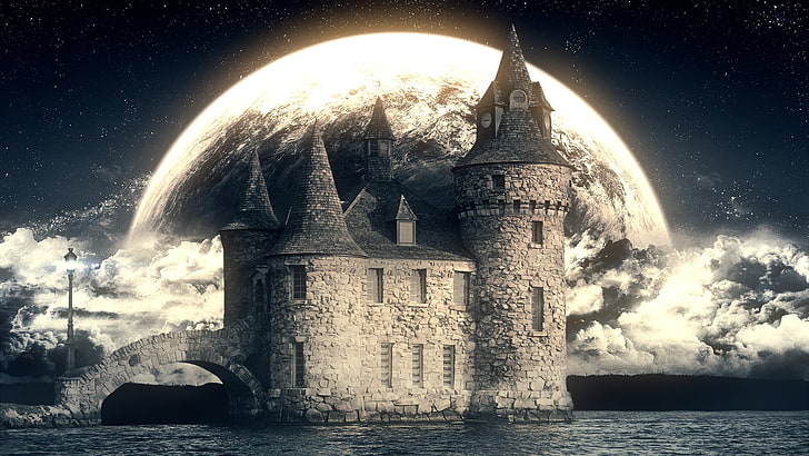 brown and black castle during full moon digital wallpaper, sky, HD wallpaper