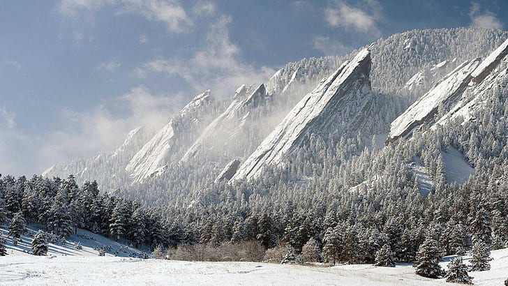 The Flatirons, Boulder, Colorado HD, mountain, pines, snow, trees