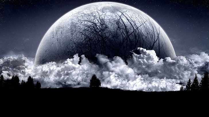 moon and clouds wallpaper, digital art, fantasy art, stars, trees