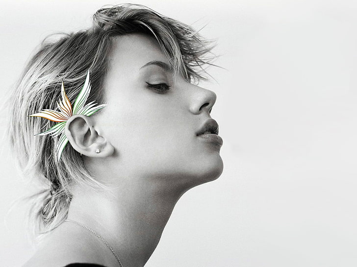 grayscale photo of woman, actress, Scarlett Johansson, portrait, HD wallpaper