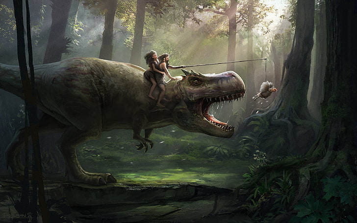 person riding dinosaur digital wallpaper, T-Rex, prehistoric