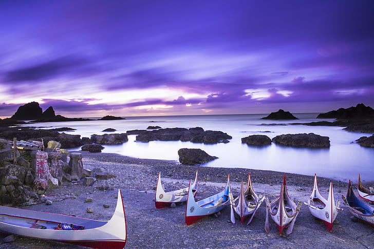 seven boats on seashore under purple clouds blue sky, ponso, ponso, HD wallpaper