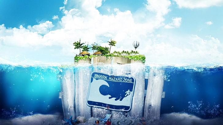 green island, digital art, fantasy art, water, sea, underwater, HD wallpaper