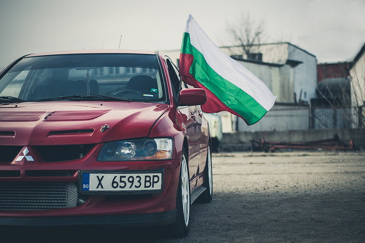 car, Mitsubishi Lancer EVO, Bulgaria, flag, mode of transportation