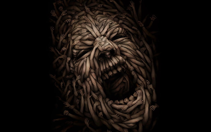 monster illustration, horror, hands, face, screaming, artwork