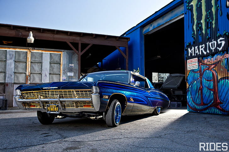 68 Impala Lowrider, blue, classic, bowtie, cars