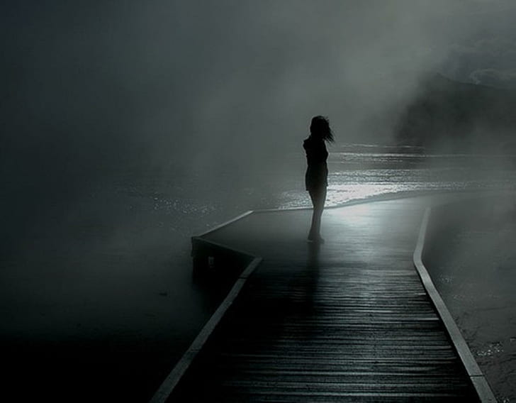 ~alone Figure~, black wooden dock, women, beautyful, white, 3d and abstract