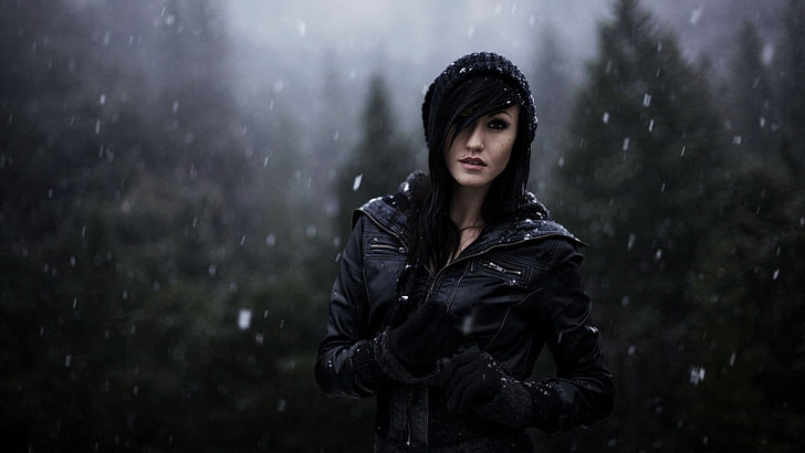 women's black leather jacket, winter, piercing, emo, black hair