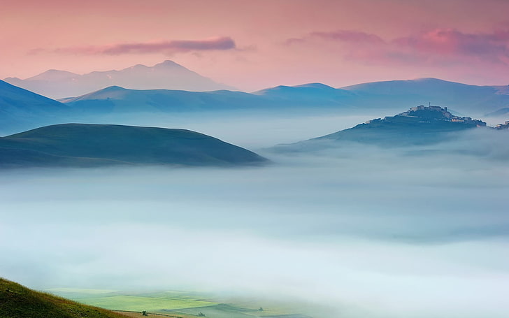 landscape photo of mountain covered with fog, mist, hills, sky