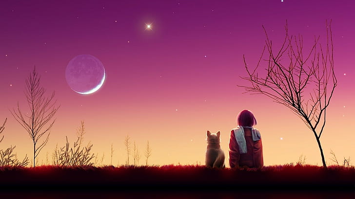 Kagaya moon, Anime, Girl, Cat, Sunset, Nature, sky, two people