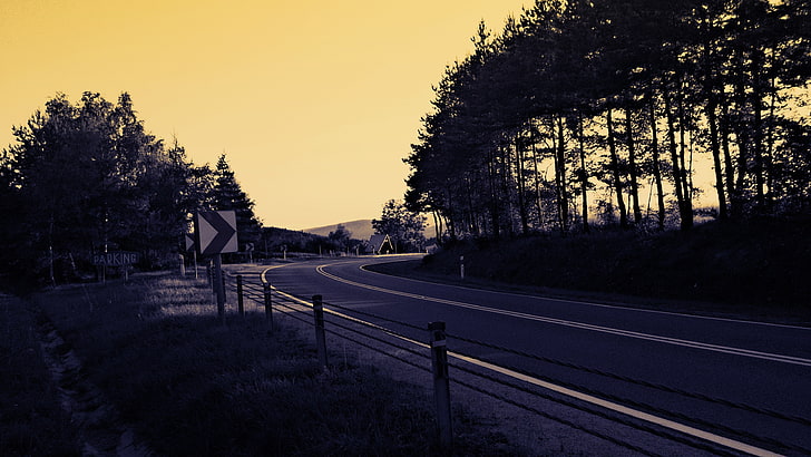 road, landscape, trees, sunset, fence, road sign, evening, shadow