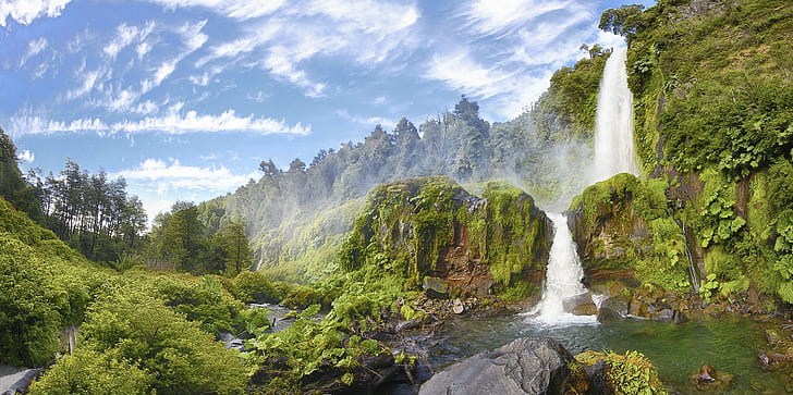 waterfall, shrubs, river, pond, forest, Chile, clouds, panoramas