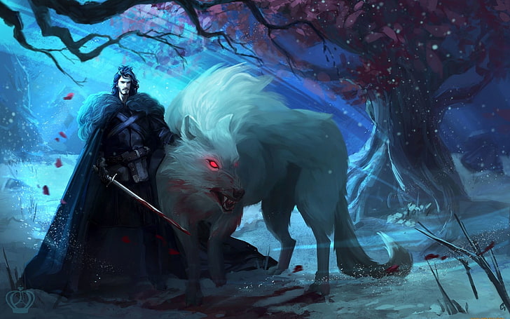 man standing beside white fox illustration, Game of Thrones, Jon Snow, HD wallpaper