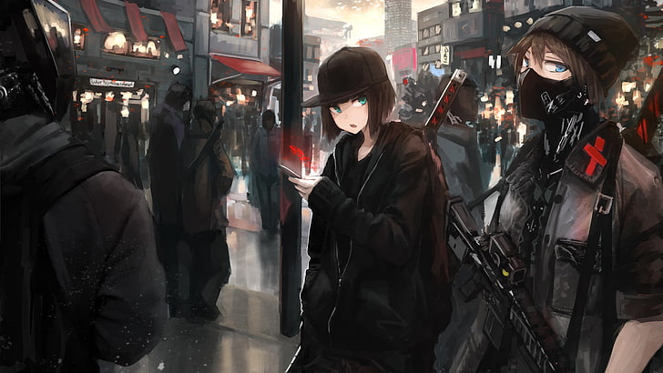 anime girls, gun, katana, city, real people, group of people, HD wallpaper
