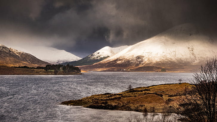 body of water near brown mountain, highlands, scotland, highlands, scotland, HD wallpaper