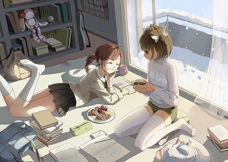 anime girls, food, snow, school uniform, real people, sitting