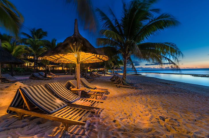 brown wooden lounger, sand, sea, beach, lights, tropics, palm trees, HD wallpaper