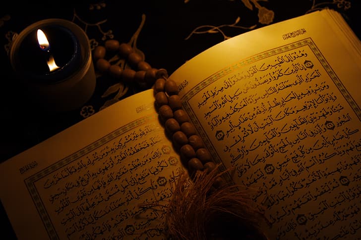 candle, book, religion, Islam, Quran, Arabic script, HD wallpaper