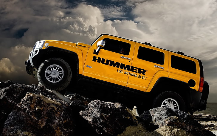 yellow Hummer H2 SUV, h3, auto, left side, 4x4, car, off-Road Vehicle, HD wallpaper