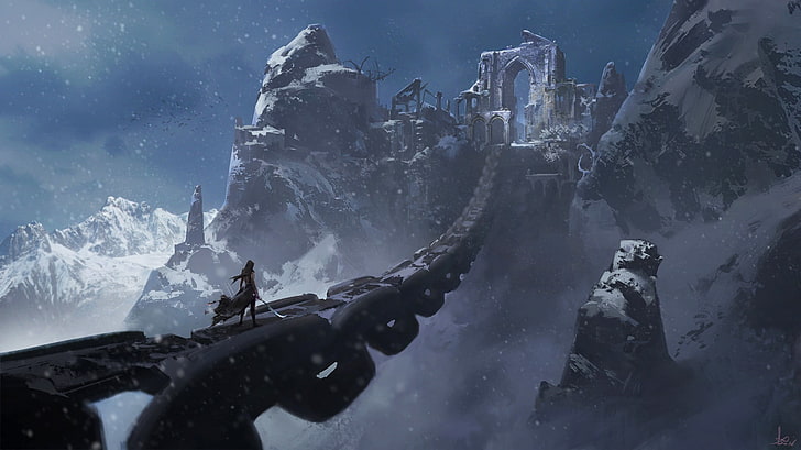 game cover, fantasy art, chains, sword, snow, mountains, cold temperature