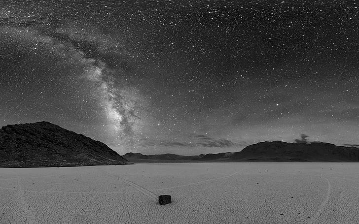 Galaxy Milky Way Stars Night Desert BW HD, grayscale photography of dessert and mountain