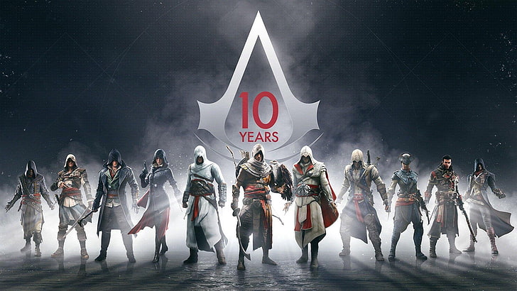 Assassin's Creed poster, Assassin's Creed 10 years, Ubisoft, group of people, HD wallpaper