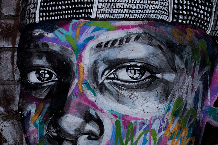man graffiti, eyes, art, street art, paint, human Face, multi Colored