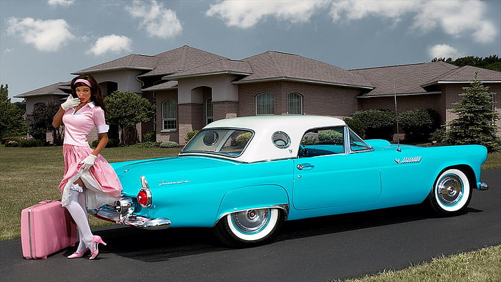 teal and white convertible coupe, Oldtimer, car, pinup models