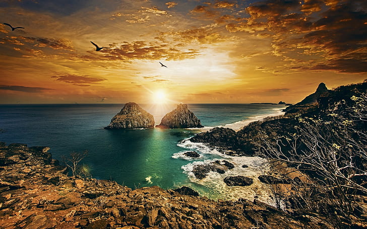 Pernambuco, Brazil, Atlantic Ocean, coast, cliffs, sunset, Twin Brothers