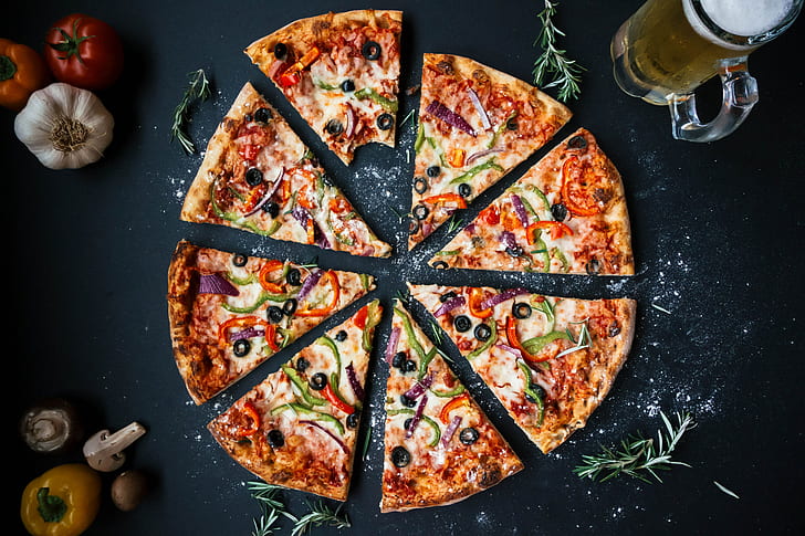 pizza, food, beer, Garlic, tomatoes, mushroom, rosemary, olives, HD wallpaper
