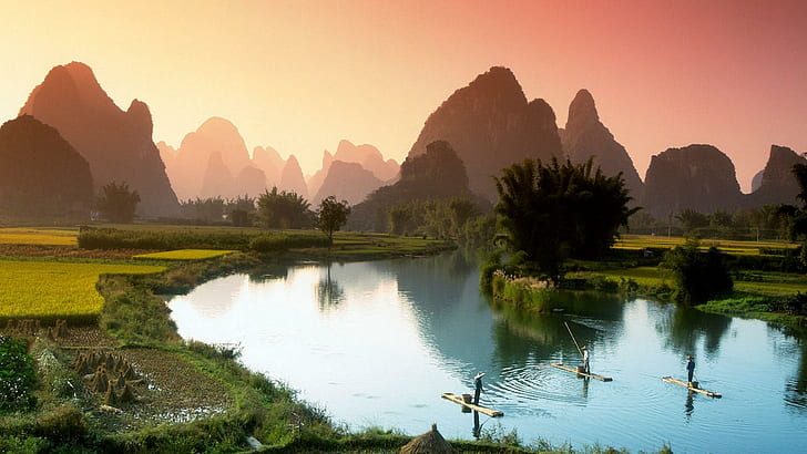 Fishing On The Li River In China, fields, mountains, nature and landscapes