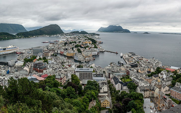landscape, ports, Alesund, Norway, city, cityscape, sea, aerial view